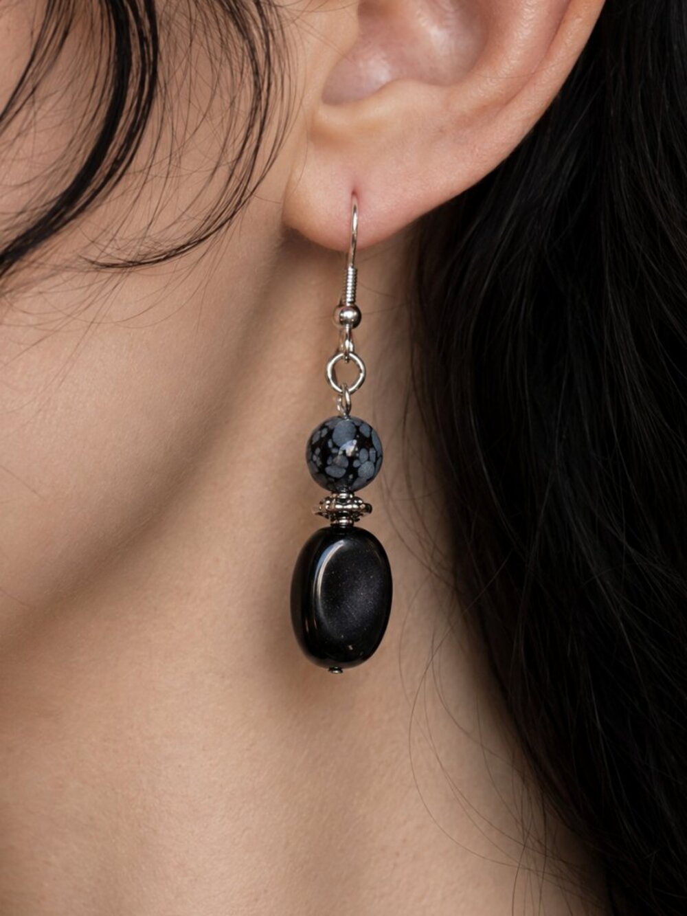 Black Agate & Glass Earrings, Gothic Silver Dangles